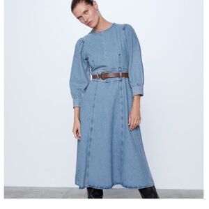 ZARA Belted Denim Midi Dress Sz XS NWT
